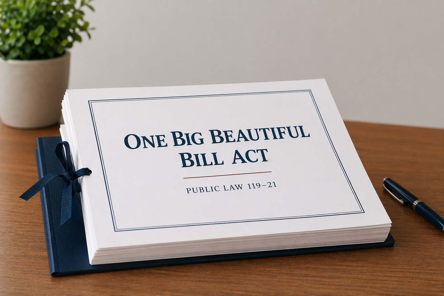 Open binder on a wooden desk displaying a sheet that reads 'One Big Beautiful Bill Act' with 'Public Law 119-21' underneath and a pen nearby.