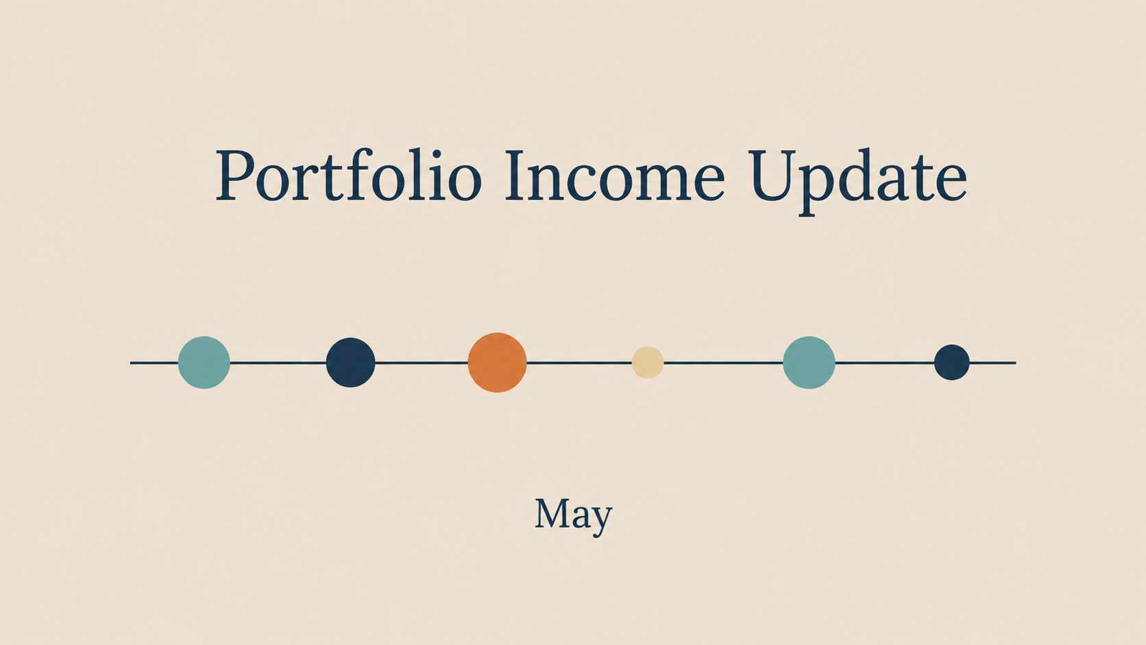 Portfolio Income Update for May 2026 featuring a minimalist timeline graphic with colored markers representing diversified income sources across the portfolio.