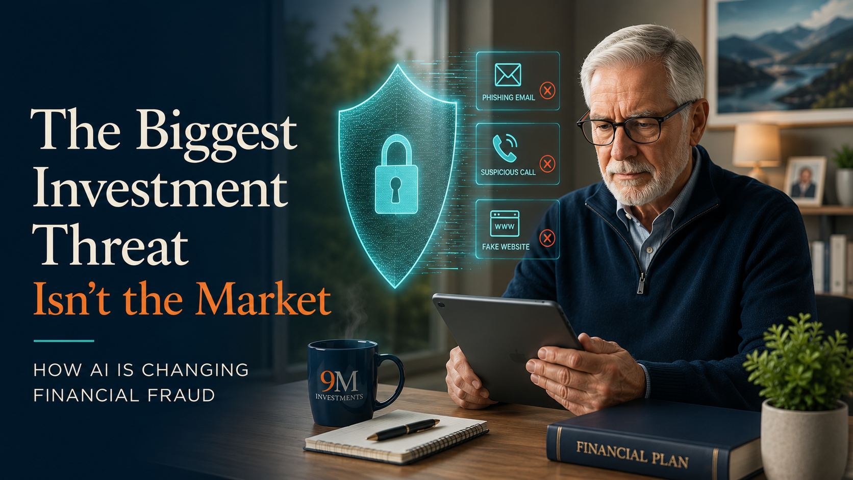 Retiree reviewing financial information while protected from AI-powered cyber threats and investment fraud.